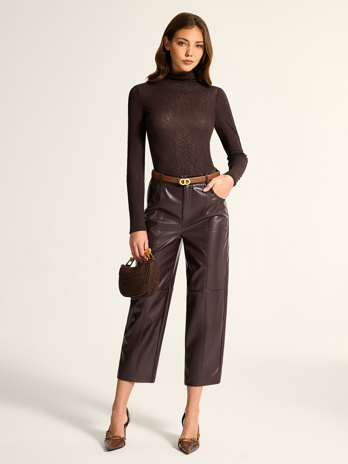 Seamed Faux Leather Cropped Straight Leg Pants