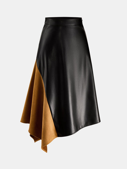 Faux Suede Panel Asymmetric Faux Leather Skirt