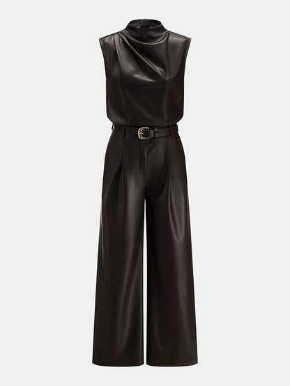 Faux Leather Two‑Piece Belted Pants Set