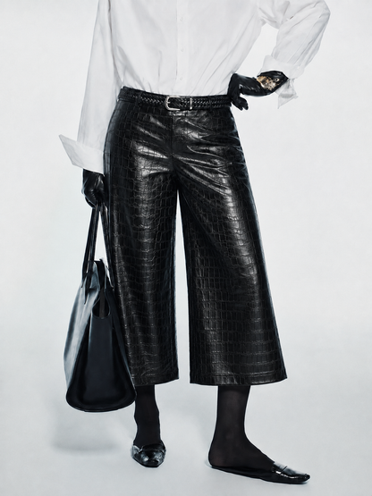 Croc-Embossed Faux Leather Culotte Pants