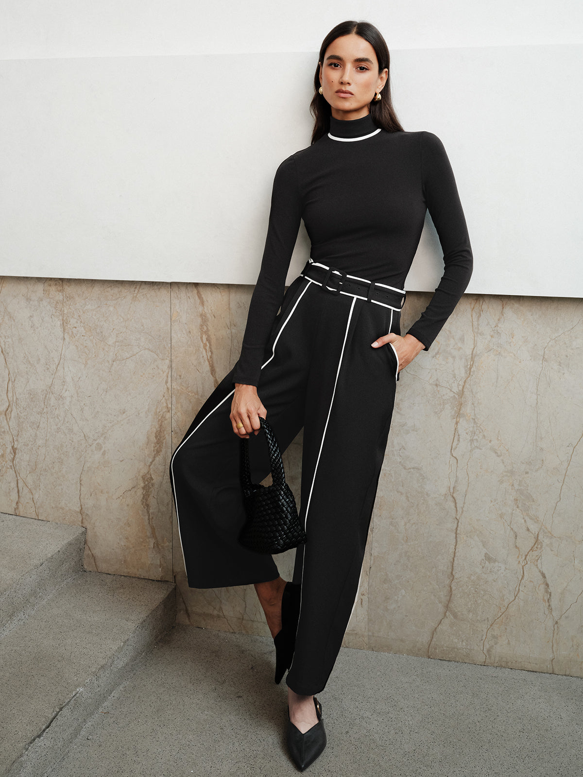 Contrast Piping Turtleneck Wide Leg Pants Set