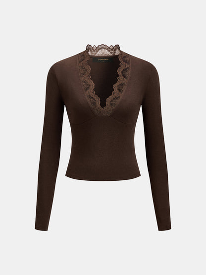 Lace Trim V‑Neck Top & Drawstring Pants Set