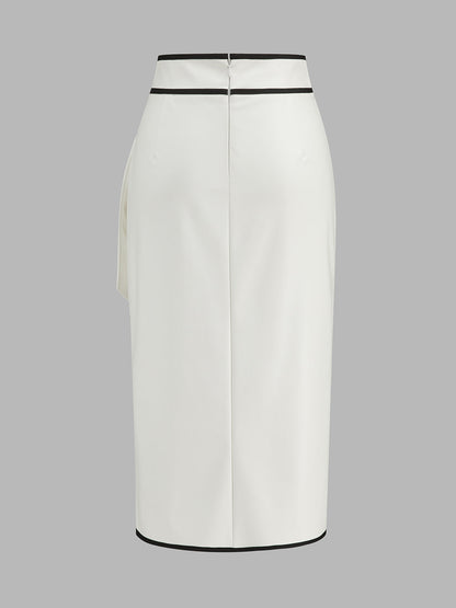 Contrast Piping Faux Leather Wrap Midi Skirt