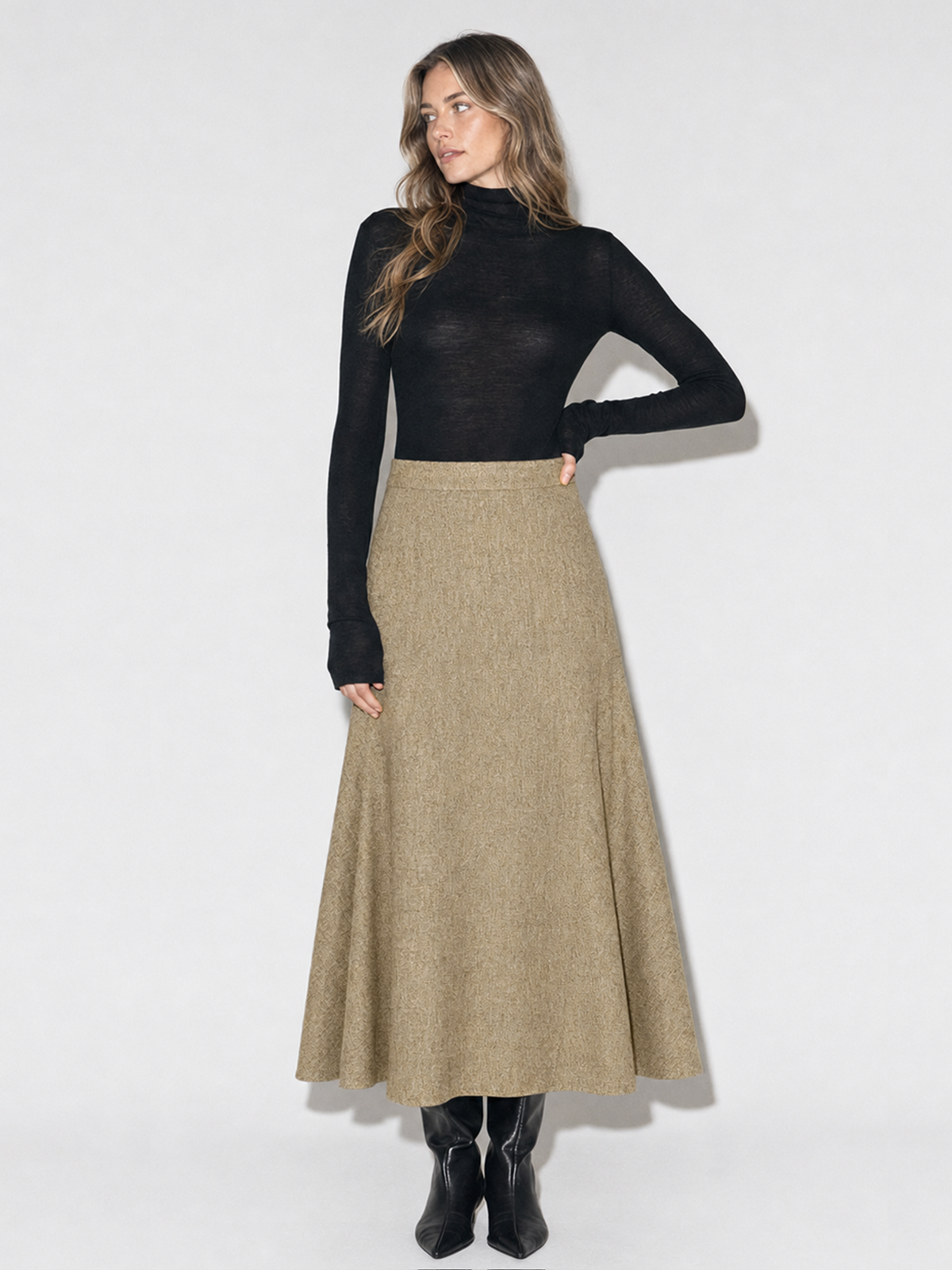 Tweed Mid Waist Flared Midi Skirt
