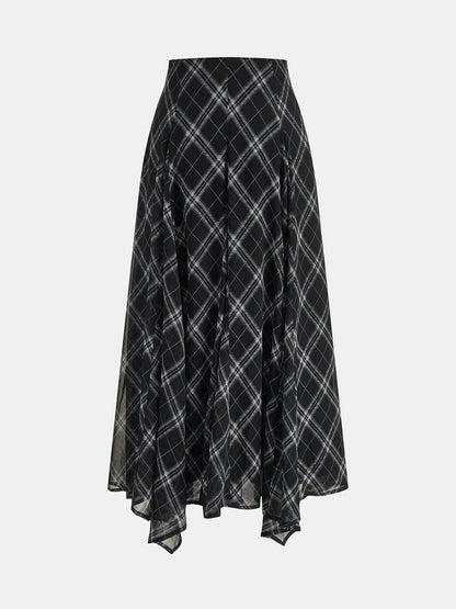 Plaid Asymmetrical Chiffon Midi Skirt