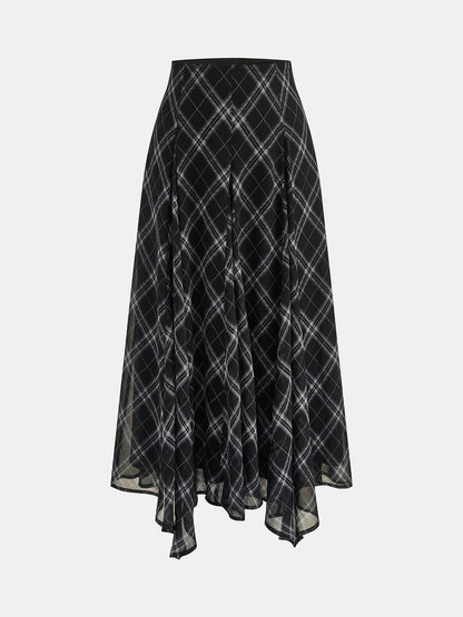 Plaid Asymmetrical Chiffon Midi Skirt