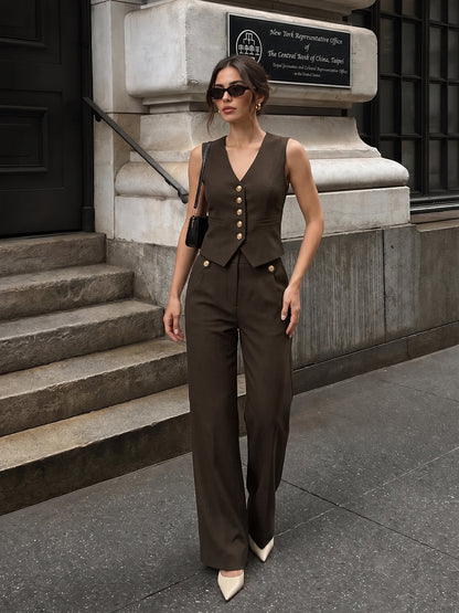 V-neck button-front cropped fitted vest and wide-leg trousers set