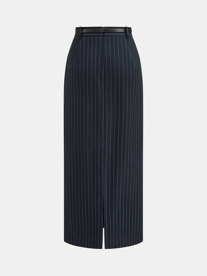 Belted Pinstripe Maxi Pencil Skirt