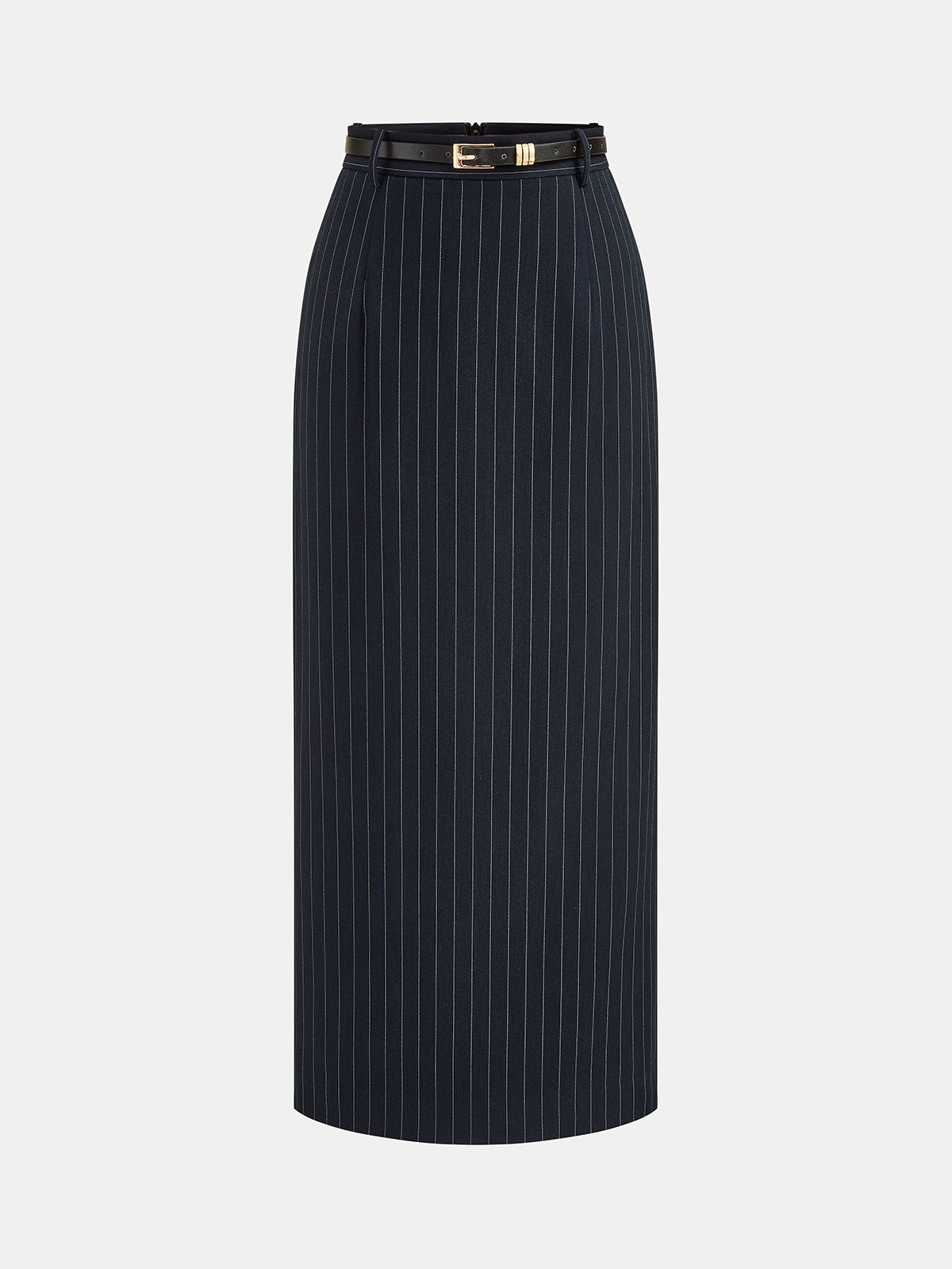 Belted Pinstripe Maxi Pencil Skirt