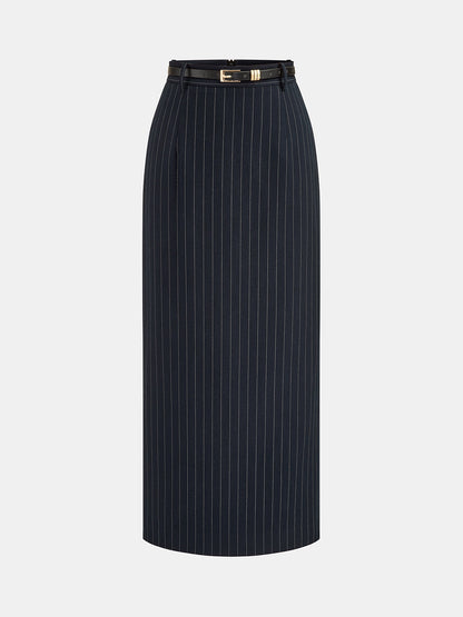 Belted Pinstripe Maxi Pencil Skirt
