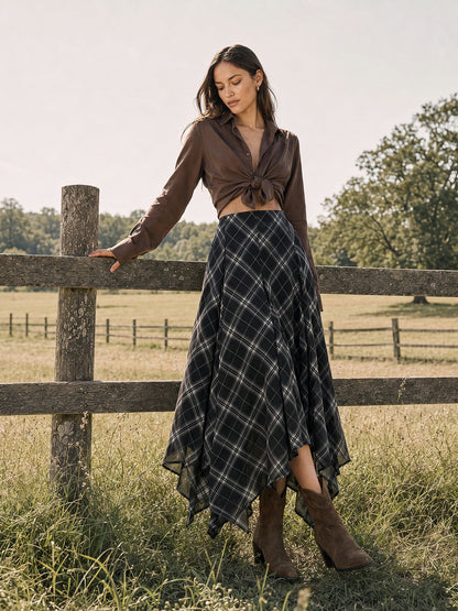 Plaid Asymmetrical Chiffon Midi Skirt