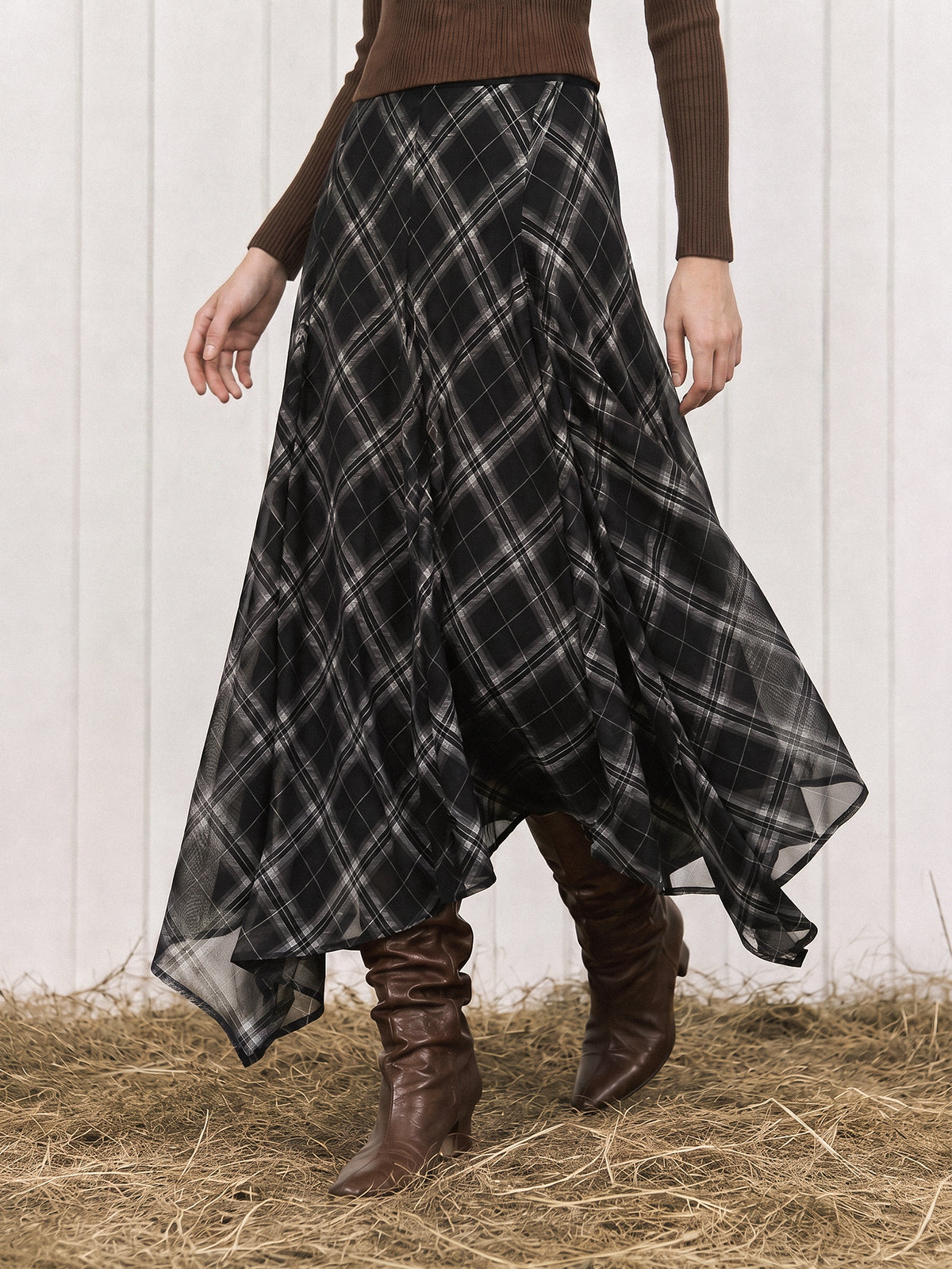 Plaid Asymmetrical Chiffon Midi Skirt