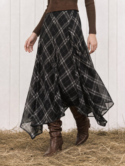 Plaid Asymmetrical Chiffon Midi Skirt