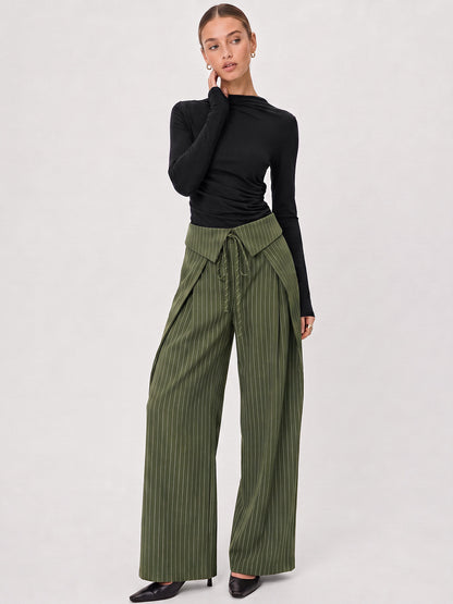 Fold‑Over Striped Wide Leg Pants