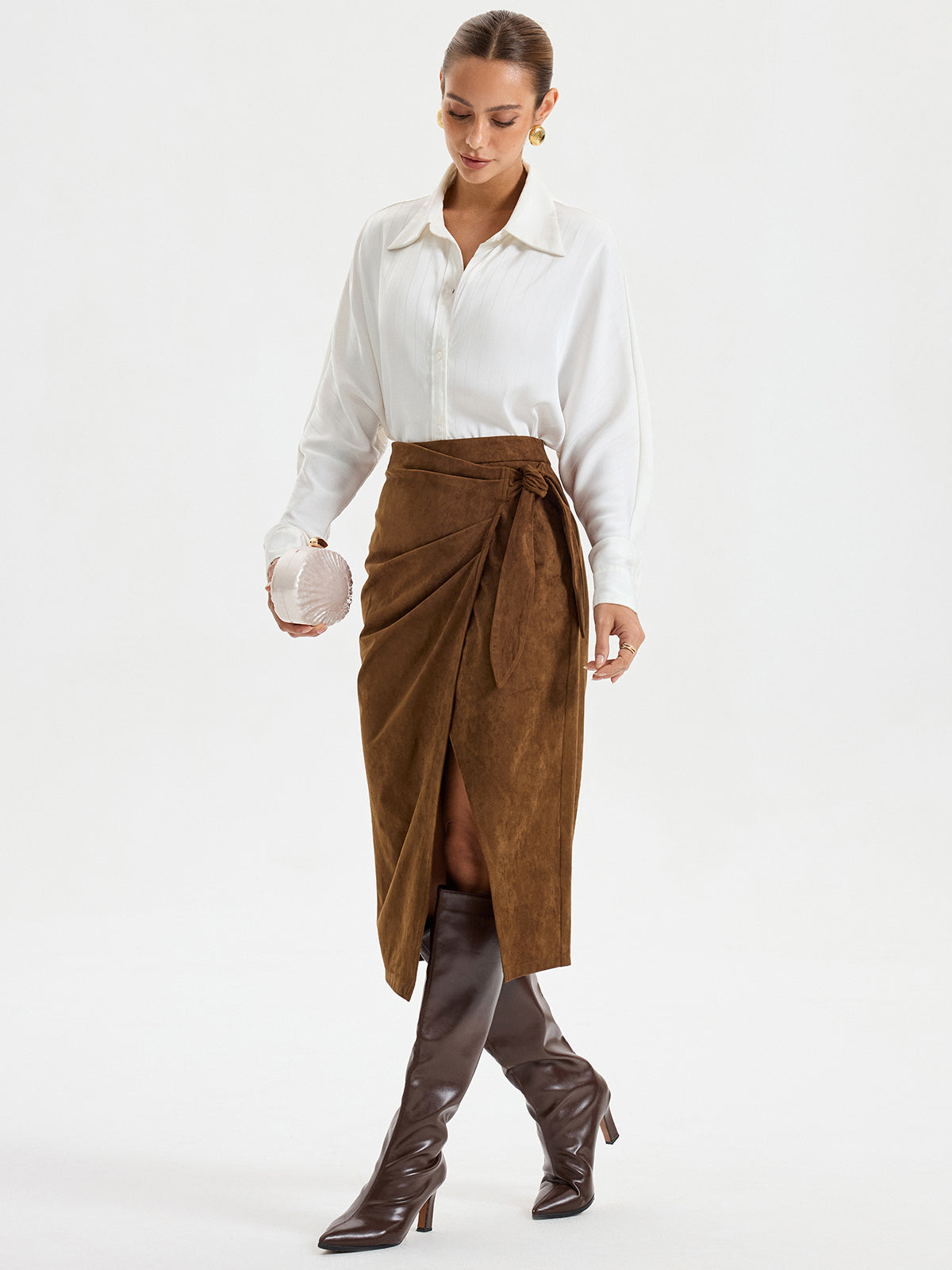 Tie Knot Suede Effect Midi Skirt