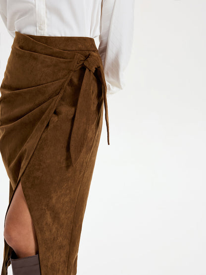 Tie Knot Suede Effect Midi Skirt