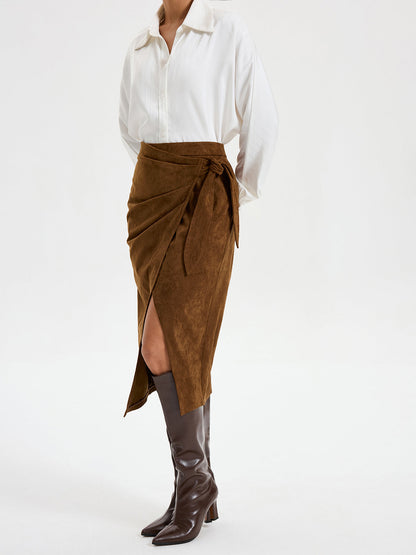 Tie Knot Suede Effect Midi Skirt