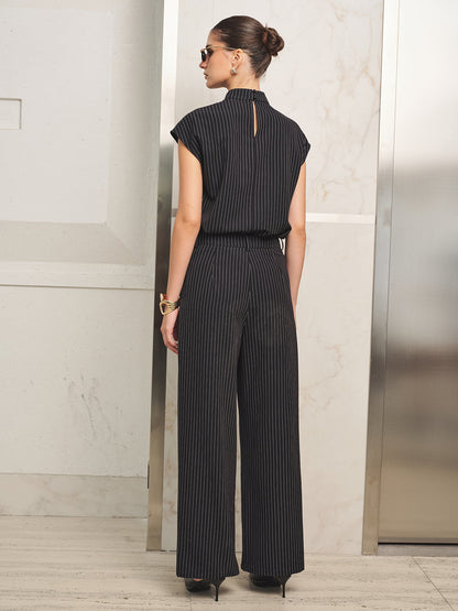 Folded Collar Pinstripe Top Wrap Pants Set