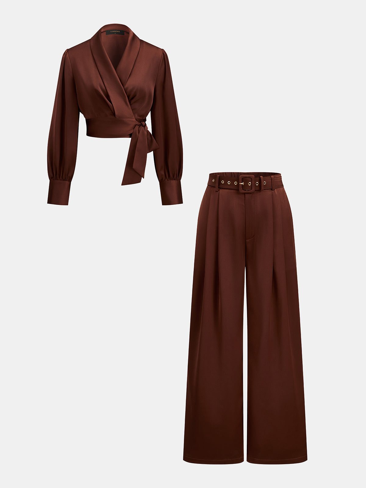 Satin Wrap Tie Top & Belted Pants Set