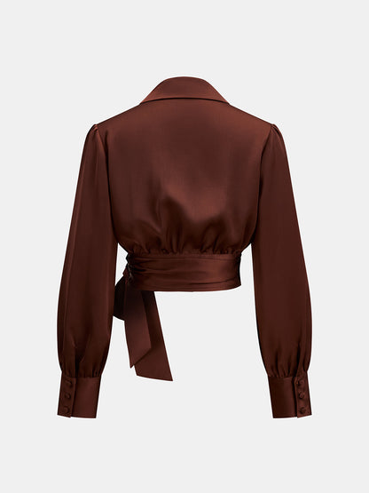 Satin Wrap Tie Top & Belted Pants Set