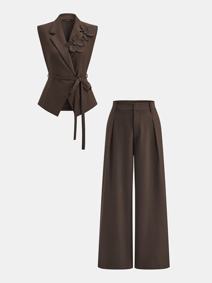 3D Flower Sleeveless Blazer & Pants Set