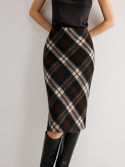 Plaid Wool-Blend Midi Pencil Skirt