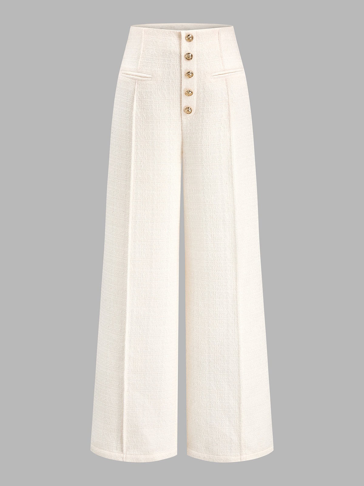 Metal Button Tweed Wide‑Leg Pants