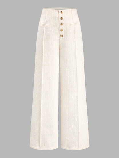 Metal Button Tweed Wide‑Leg Pants