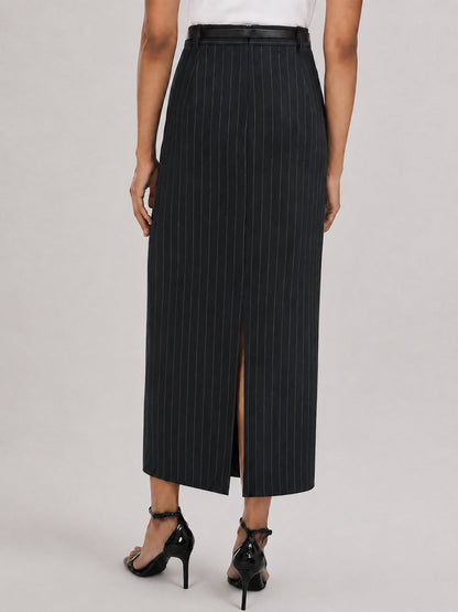Belted Pinstripe Maxi Pencil Skirt