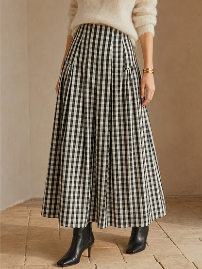 Gingham High-Waisted Pleated Midi Skirt
