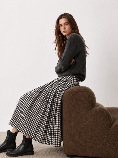 Gingham High-Waisted Pleated Midi Skirt