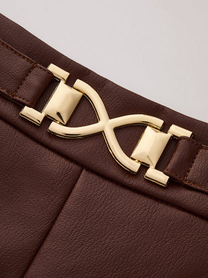 Metal Buckle Faux Leather Straight Leg Pants