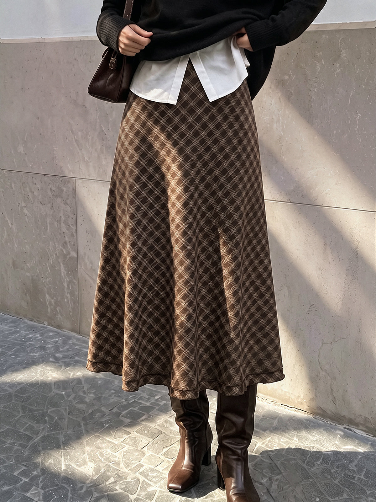 Plaid Flowy Midi Skirt