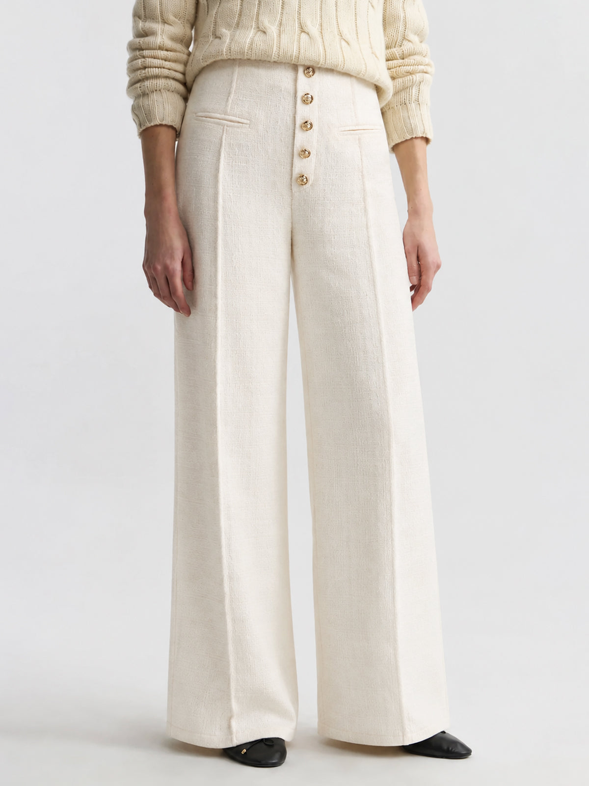 Metal Button Tweed Wide‑Leg Pants