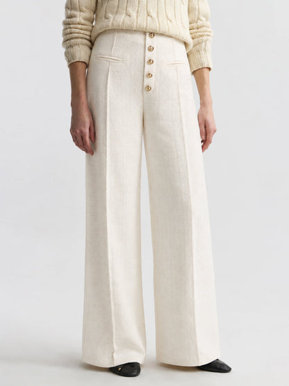 Metal Button Tweed Wide‑Leg Pants