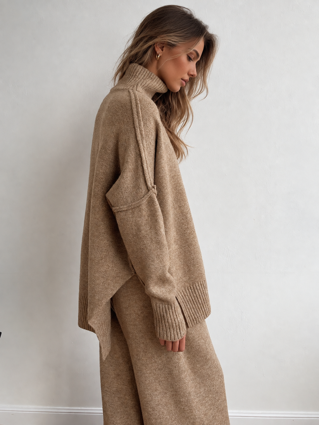 Plain Turtleneck Knit Pants Set