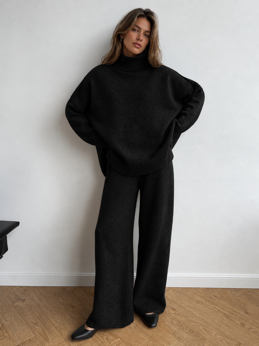 Plain Turtleneck Knit Pants Set