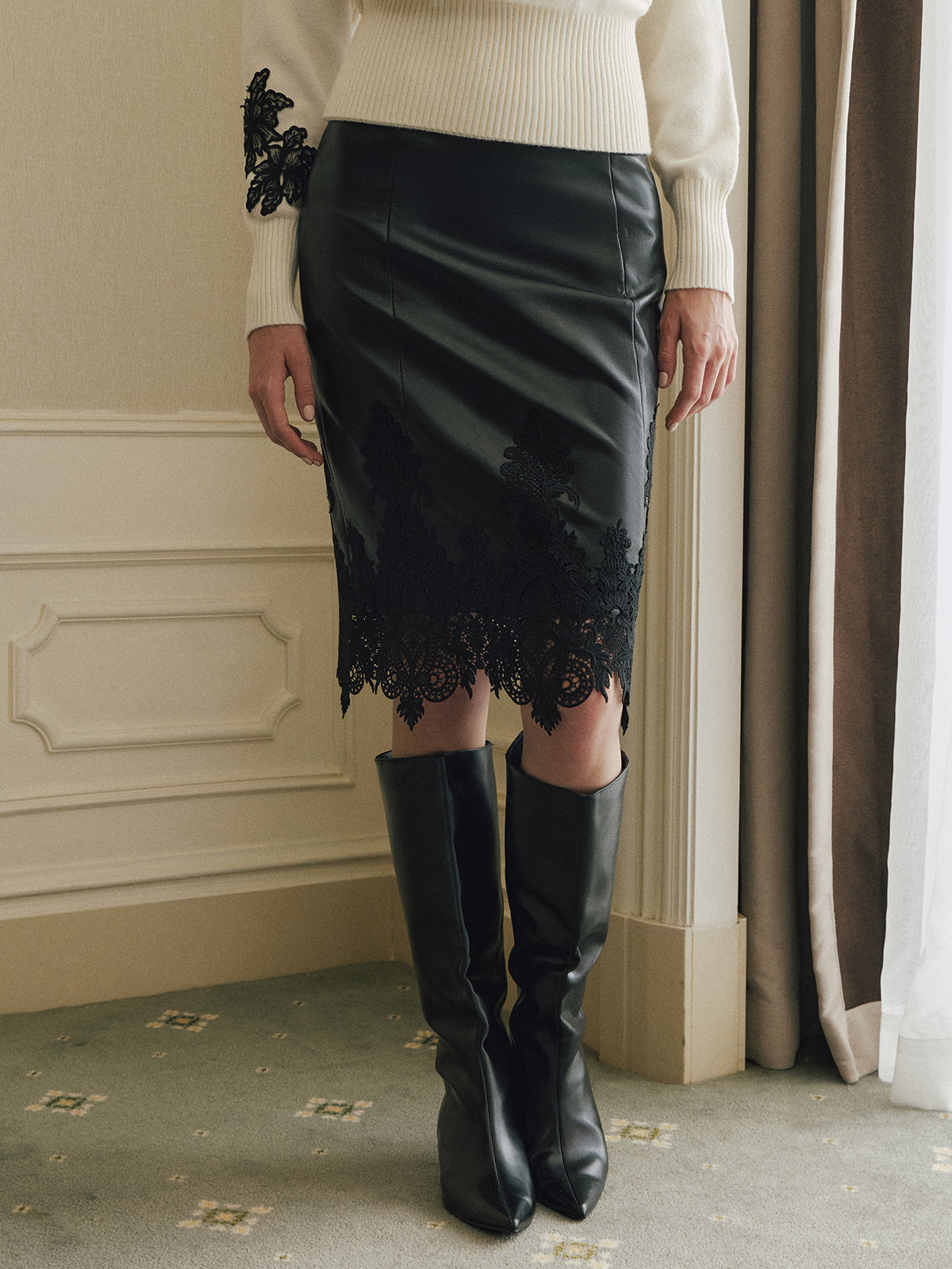 Lace Hem Faux Leather Midi Skirt