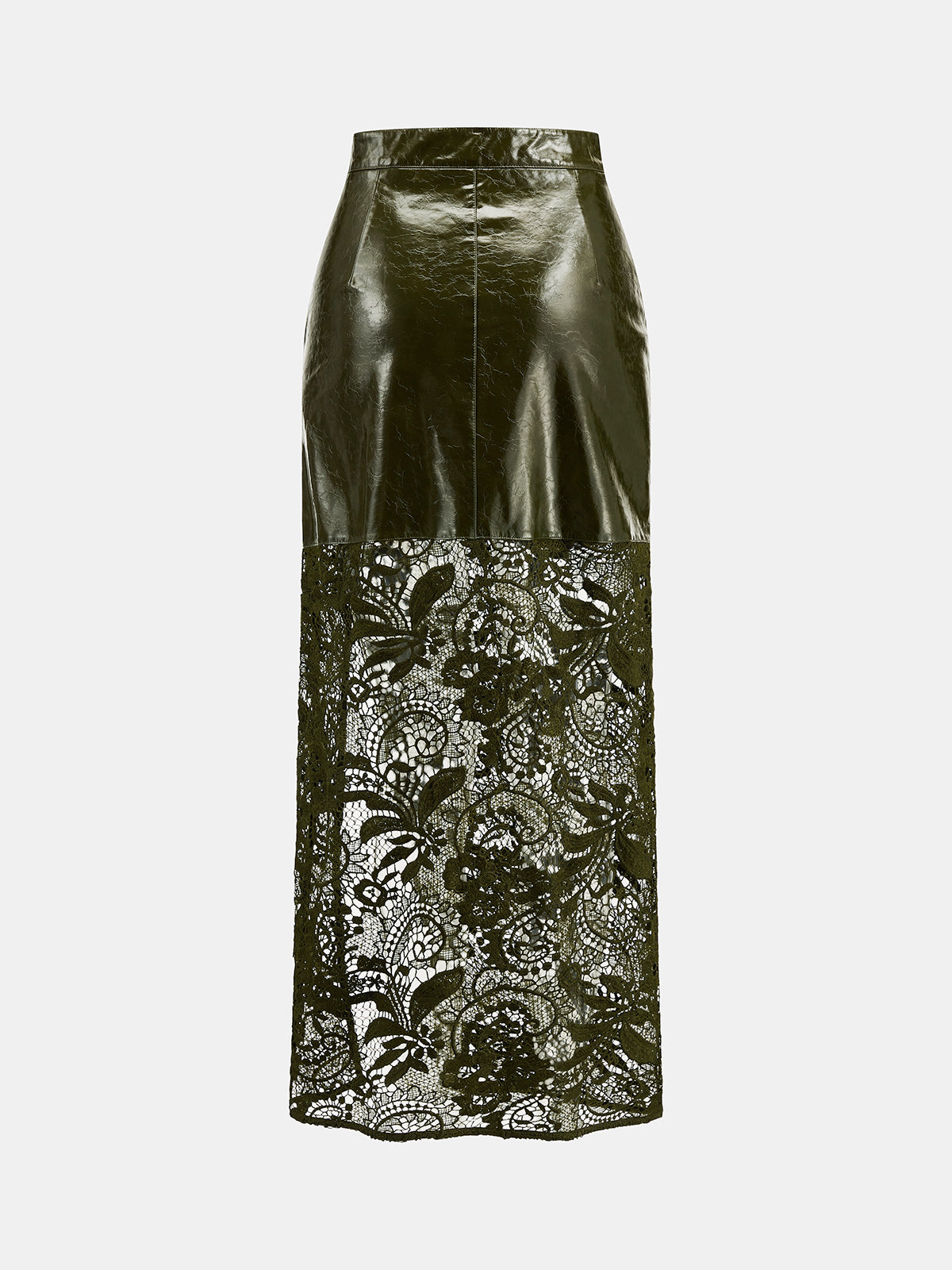 Faux‑Leather Lace‑Patchwork Front‑Slit Midi Skirt