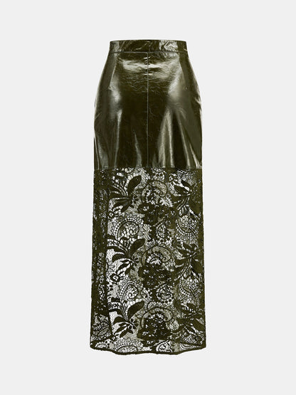Faux‑Leather Lace‑Patchwork Front‑Slit Midi Skirt