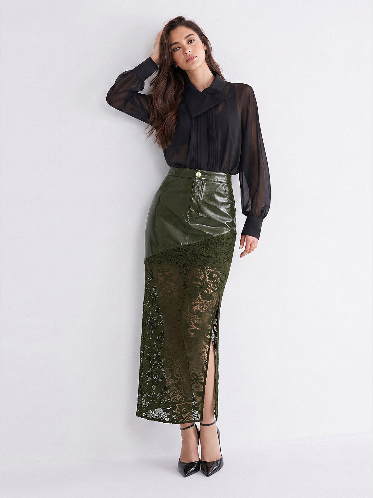 Faux‑Leather Lace‑Patchwork Front‑Slit Midi Skirt