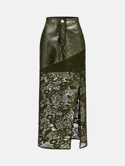 Faux‑Leather Lace‑Patchwork Front‑Slit Midi Skirt