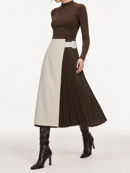 Color‑Block Pleated Midi Skirt