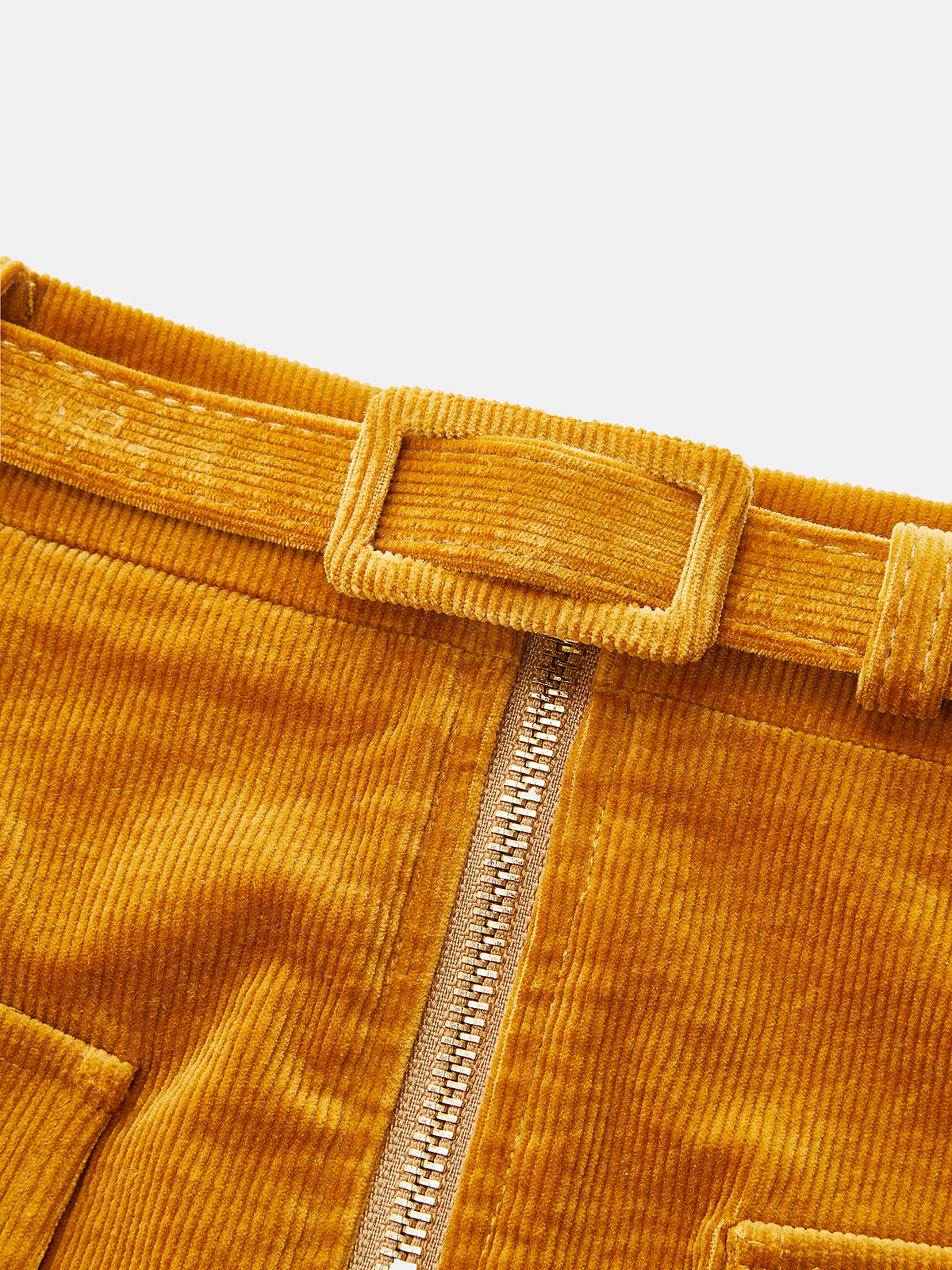 Front Zip Corduroy Belted Midi Skirt