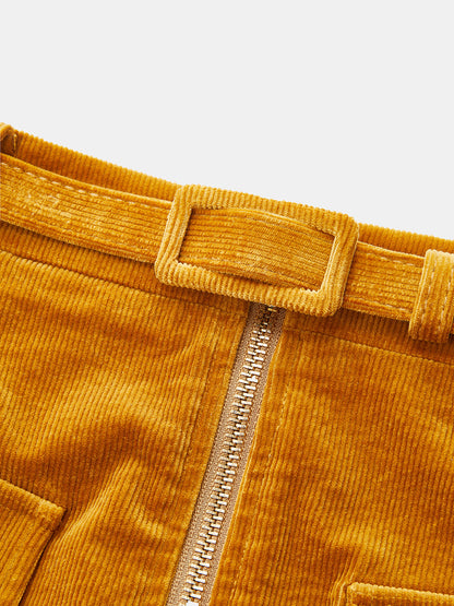 Front Zip Corduroy Belted Midi Skirt