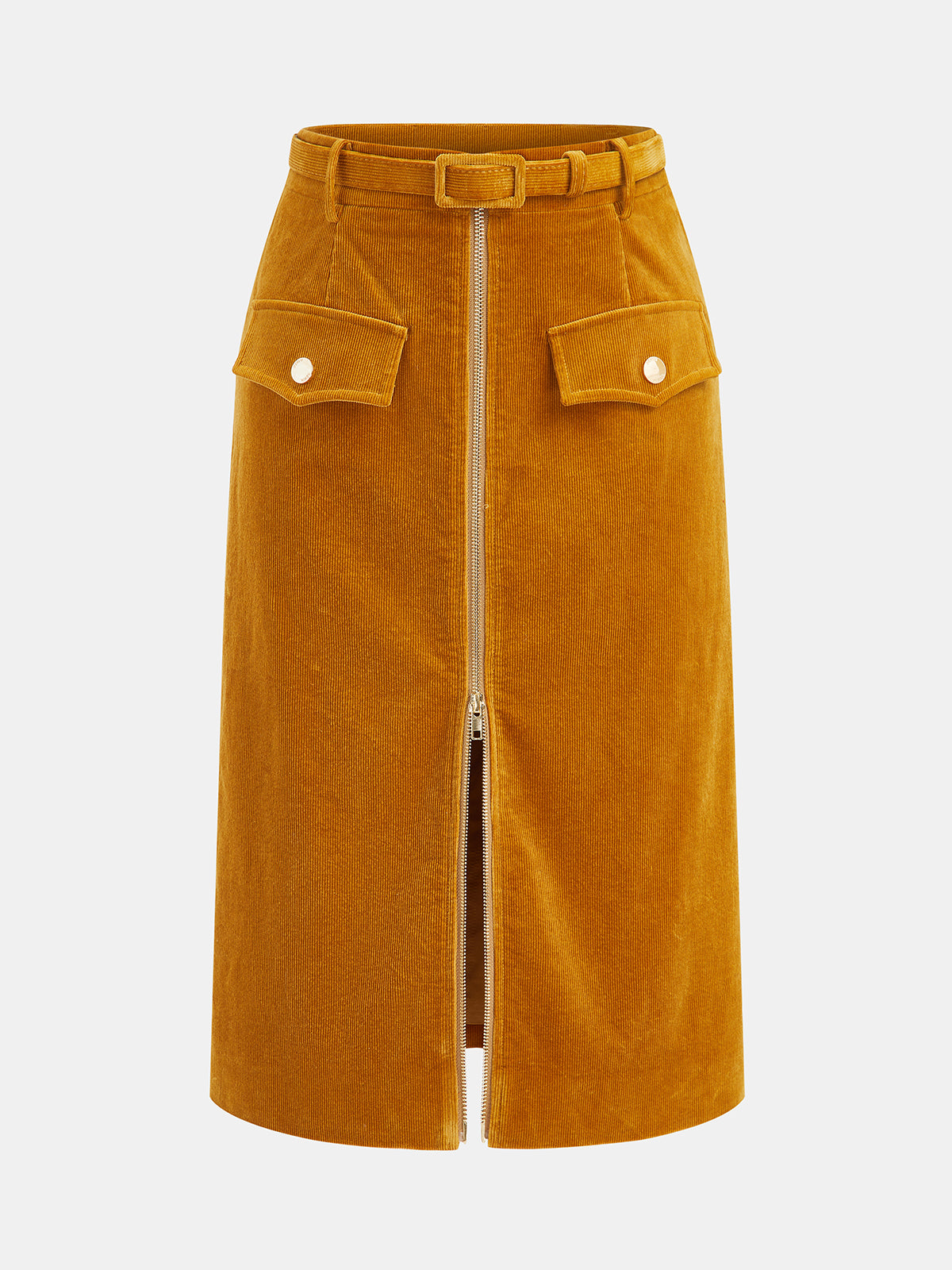 Front Zip Corduroy Belted Midi Skirt