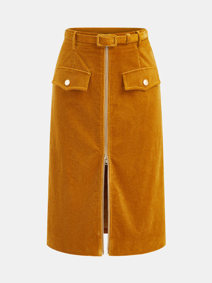 Front Zip Corduroy Belted Midi Skirt