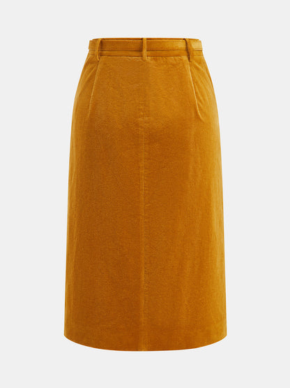 Front Zip Corduroy Belted Midi Skirt