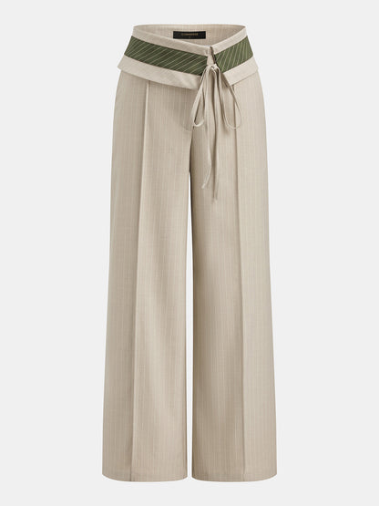 Fold Over Waist Pinstripe Wide Leg Pants