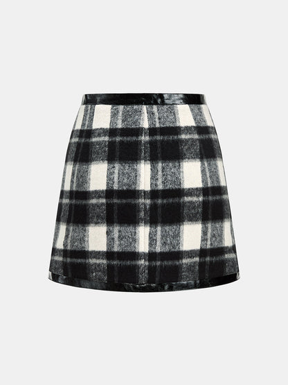 Faux Leather Trim Plaid Mini Skirt